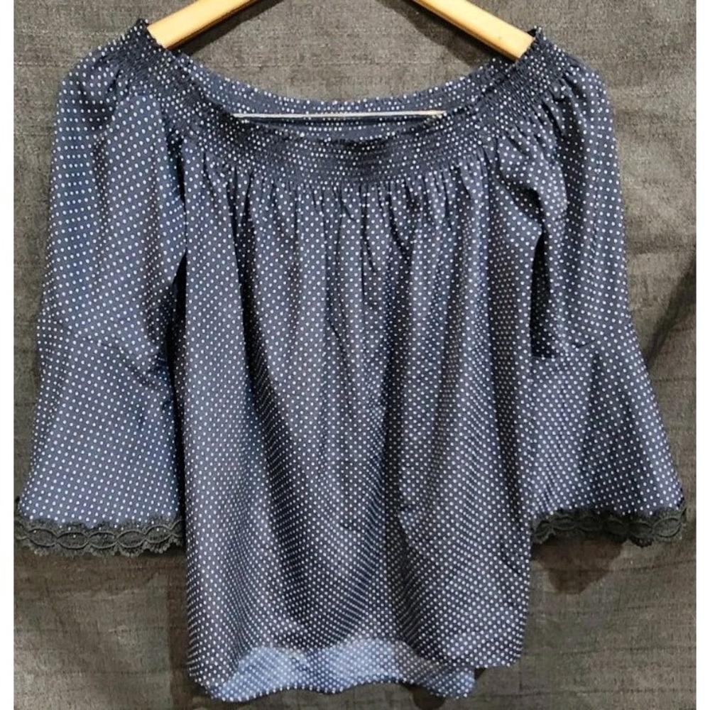 Mika Mindel Boat Neck Off Shoulder Lace Bell Sleeve Polkadot Navy Blue Black‎ Md